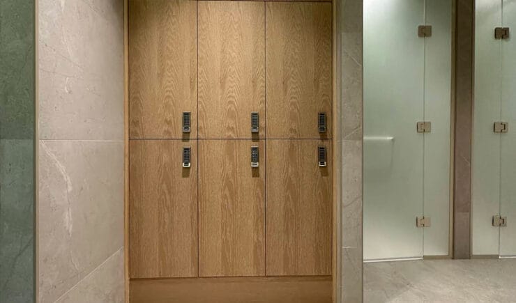 Wellness studio wooden doors glass partition fit-out Riyadh - Meraki Design Build